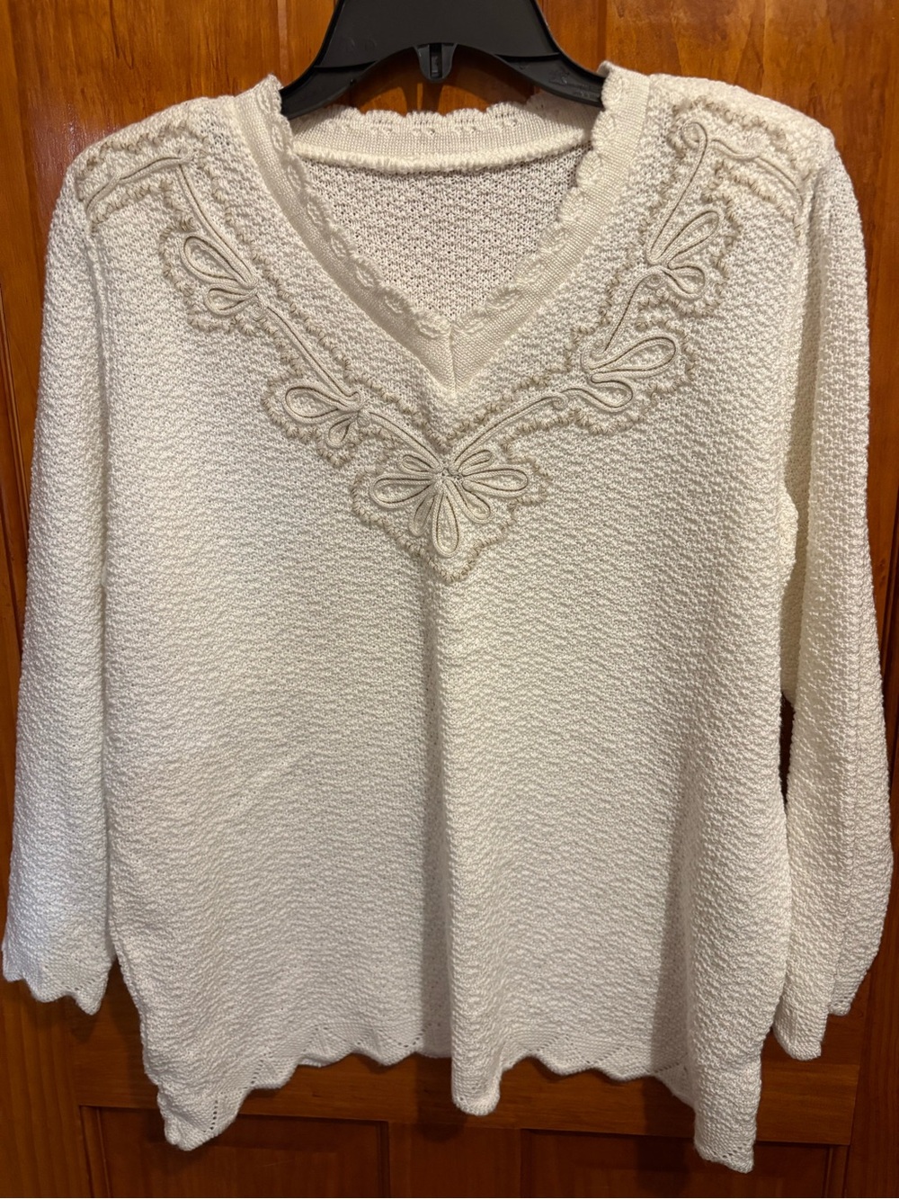 Cream V-Neck Embroidered Women’s Sweater